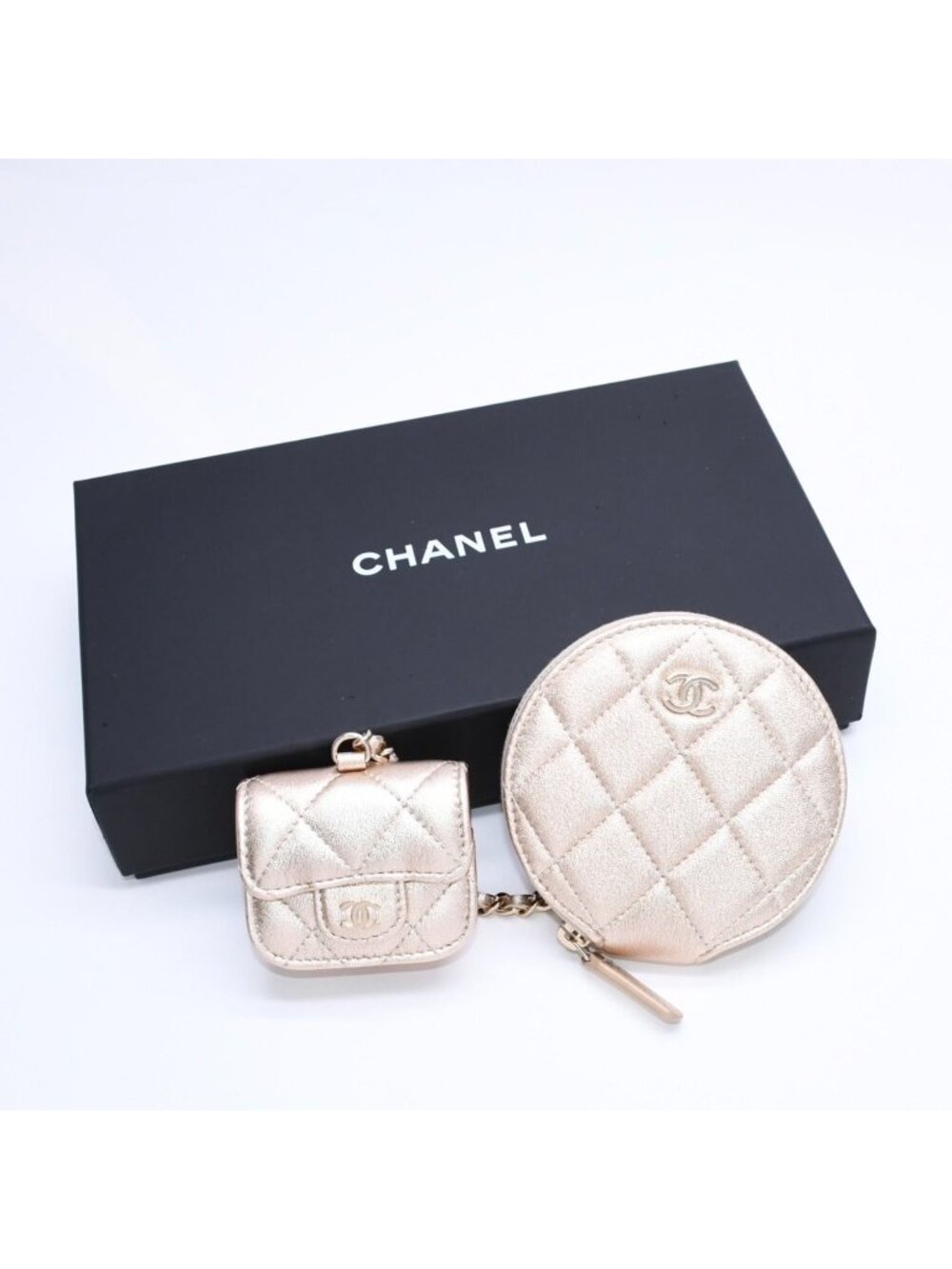 Chanel Quilted Airpods Case Coin Purse CC Logo Leather Champagne Gold